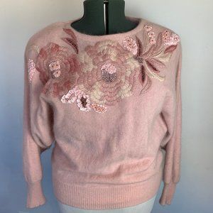 Italian Pink Angora Embroidered Floral Sweater